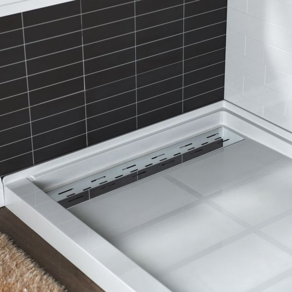 ᐅ【WOODBRIDGE SBR6032-1000L Solid Surface Shower Base with Recessed Trench  Side Including Stainless Steel Linear Cover, 60 L x 32 W x 4 H, Left  Drain White Color-WOODBRIDGE】