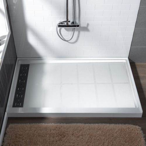 WOODBRIDGE SBR6030-1000L-MB SolidSurface Shower Base with Recessed Trench Side Including Matte Black Linear Cover, 60