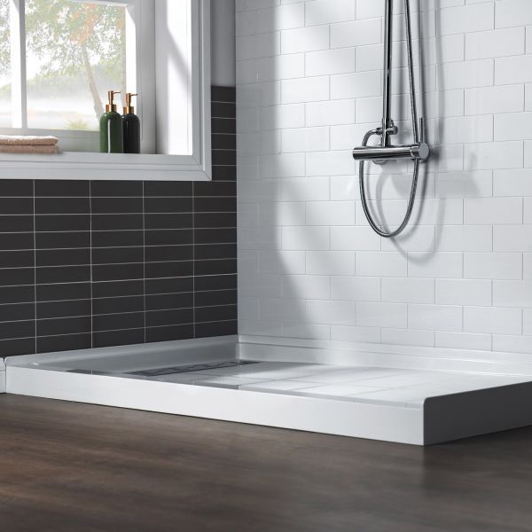 ᐅ【WOODBRIDGE SBR6032-1000L Solid Surface Shower Base with Recessed Trench  Side Including Stainless Steel Linear Cover, 60 L x 32 W x 4 H, Left  Drain White Color-WOODBRIDGE】