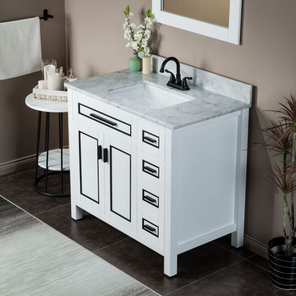 ᐅ【WOODBRIDGE Milan 37 Floor Mounted Single Basin Vanity Set with Solid  Wood Cabinet in White, and Carrara White Marble Vanity Top with  Pre-installed Undermount Rectangle Bathroom Sink in White, Pre-Drilled  3-Hole for