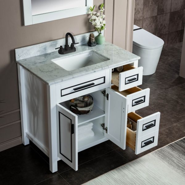 ᐅ【WOODBRIDGE Milan 37 Floor Mounted Single Basin Vanity Set with Solid  Wood Cabinet in White, and Carrara White Marble Vanity Top with  Pre-installed Undermount Rectangle Bathroom Sink in White, Pre-Drilled  3-Hole for