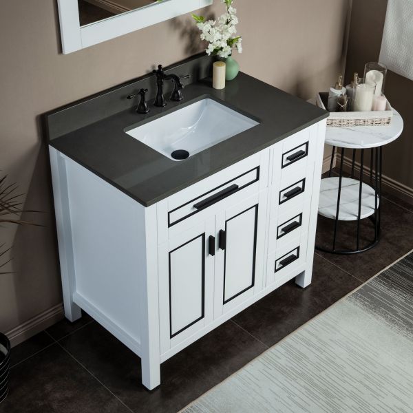 ᐅ【WOODBRIDGE Milan 37 Floor Mounted Single Basin Vanity Set with Solid  Wood Cabinet in White and Engineered Stone Composite Vanity Top in Dark  Gray with Pre-installed Undermount Rectangle Bathroom Sink in White