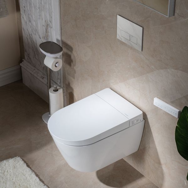 WOODBRIDGE  Intelligent Compact Elongated Dual-flush wall hung toilet with Bidet Wash Function, Heated Seat & Dryer. Matching Concealed Tank system and White Marble Stone Slim Flush Plates Included.LT611 + SWHT611+FP611-WH