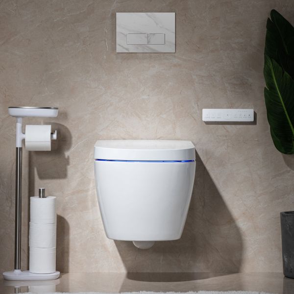 WOODBRIDGE  Intelligent Compact Elongated Dual-flush wall hung toilet with Bidet Wash Function, Heated Seat & Dryer. Matching Concealed Tank system and White Marble Stone Slim Flush Plates Included.LT611 + SWHT611+FP611-WH