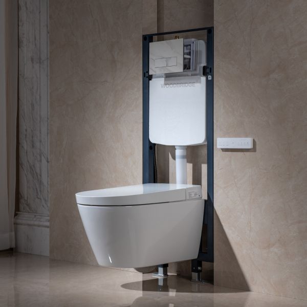  WOODBRIDGE  Intelligent Compact Elongated Dual-flush wall hung toilet with Bidet Wash Function, Heated Seat & Dryer. Matching Concealed Tank system and White Marble Stone Slim Flush Plates Included.LT611 + SWHT611+FP611-WH
