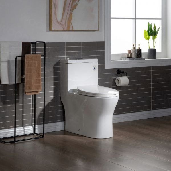 Woodbridge Bering Black Toilet with Chrome Button Dual Flush Elongated  Chair Height WaterSense Soft Close Toilet 12-in Rough-In 1.28-GPF at