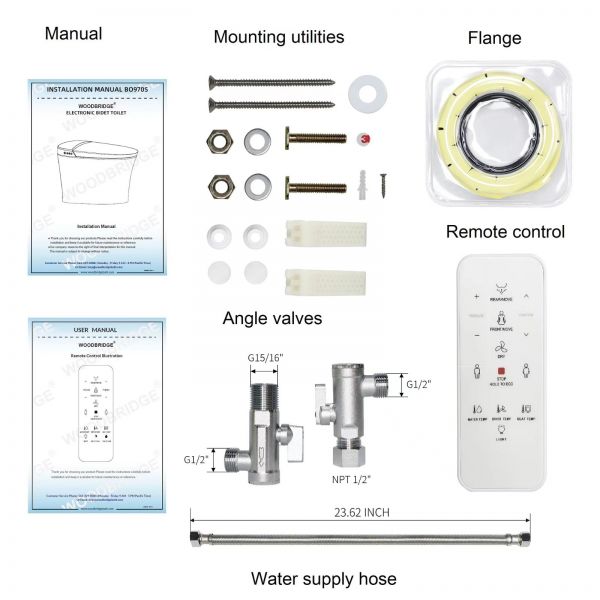  WOODBRIDGE B0970S-1.0(no foot sensor) Smart Bidet Toilet Elongated One Piece Modern Design, Heated Seat with Integrated Multi Function Remote Control, White