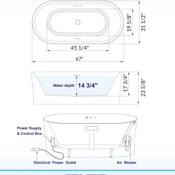 ᐅ【WOODBRIDGE 67 Contemporary Freestanding Acrylic Air Bubble Soaking  Bathtub with Matte Black and Drain B0101-MB-WOODBRIDGE】