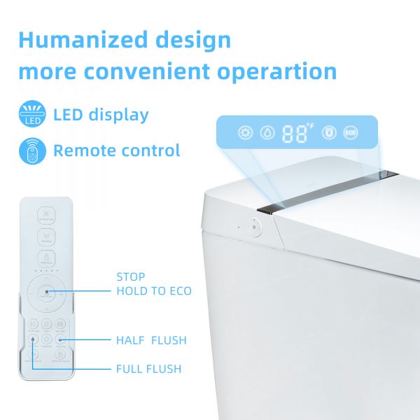 WOODBRIDGE B0990S One Piece Elongated Smart Toilet Bidet with Auto Open & Close, Auto Flush, Foot Sensor Flush, LED Temperature Display, Heated Seat and Integrated Multi Function Remote Control, White