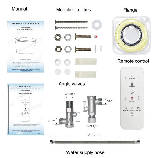  WOODBRIDGE B0970S Smart Bidet Tankless Toilet Elongated One Piece ADA Height, Auto Flush, Foot Sensor Operation, Heated Seat with Integrated Multi Function Remote Control in White