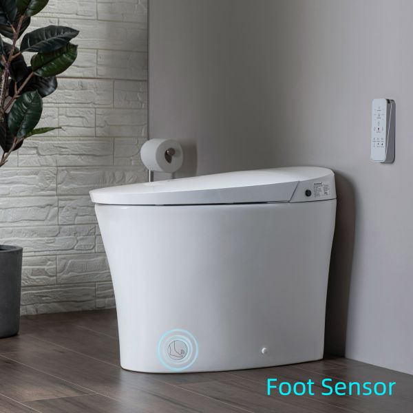  WOODBRIDGE B0970S Smart Bidet Tankless Toilet Elongated One Piece ADA Height, Auto Flush, Foot Sensor Operation, Heated Seat with Integrated Multi Function Remote Control in White