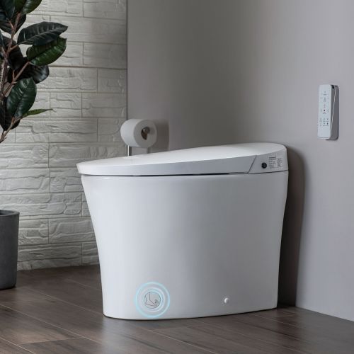 WOODBRIDGE B0970S Smart Bidet Toilet Elongated One Piece Modern Design, Foot Sensor Operation, Heated Seat with Integrated Multi Function Remote Control in White