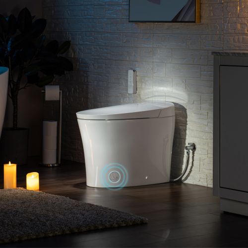 WOODBRIDGE B0970S Smart Bidet Tankless Toilet Elongated One Piece ADA Height, Auto Flush, Foot Sensor Operation, Heated Seat with Integrated Multi Function Remote Control in White