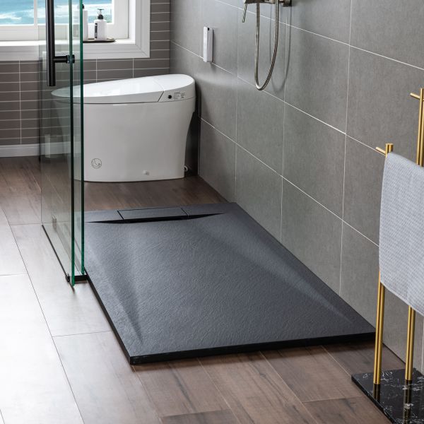  WOODBRIDGE 60-in L x 36-in W Zero Threshold End Drain Shower Base with Reversable Drain Placement, Matching Decorative Drain Plate and Tile Flange, Wheel Chair Access, Low Profile, Black_12449