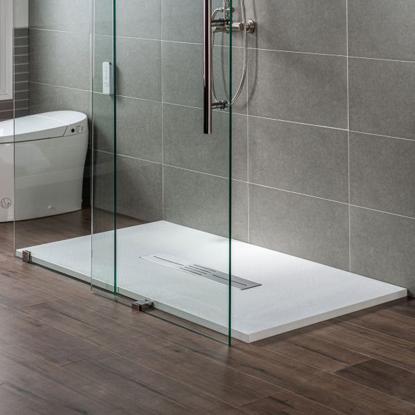  WOODBRIDGE 60-in L x 36-in W Zero Threshold End Drain Shower Base with Center Drain Placement, Matching Decorative Drain Plate and Tile Flange, Wheel Chair Access, Low Profile, White_12555