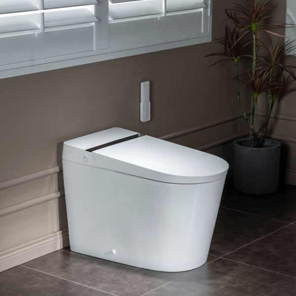  WOODBRIDGE B0990S One Piece Elongated Smart Toilet Bidet with Auto Open & Close, Auto Flush, Foot Sensor Flush, LED Temperature Display, Heated Seat and Integrated Multi Function Remote Control, White