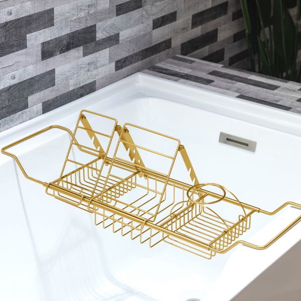 WOODBRIDGE Stainless Steel Extendable Bathtub Caddy Tray in Brushed Gold Finish with Removable Wine Holder, Book and Phone Rack, Bathcad-BG