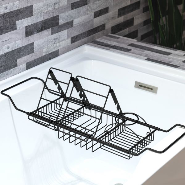  WOODBRIDGE Stainless Steel Extendable Bathtub Caddy Tray in Matte Black Finish with Removable Wine Holder, Book and Phone Rack, Bathcad-MB_14317