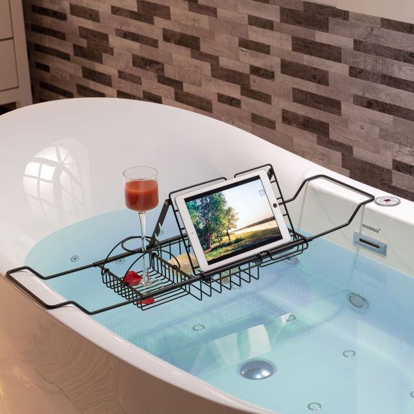  WOODBRIDGE Stainless Steel Extendable Bathtub Caddy Tray in Matte Black Finish with Removable Wine Holder, Book and Phone Rack, Bathcad-MB_14319