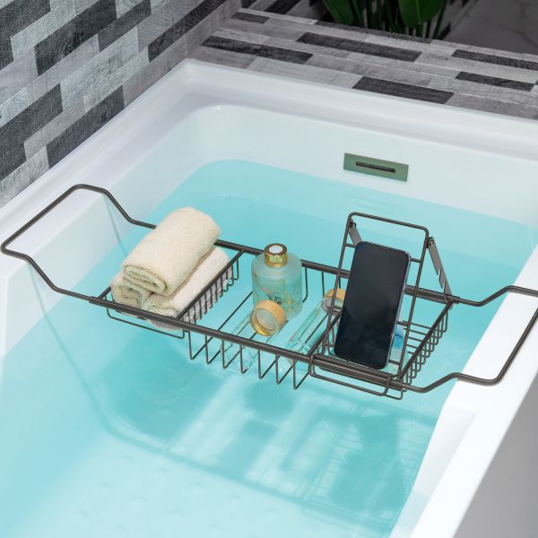  WOODBRIDGE Stainless Steel Extendable Bathtub Caddy Tray in Matte Black Finish with Removable Wine Holder, Book and Phone Rack, Bathcad-MB_14323