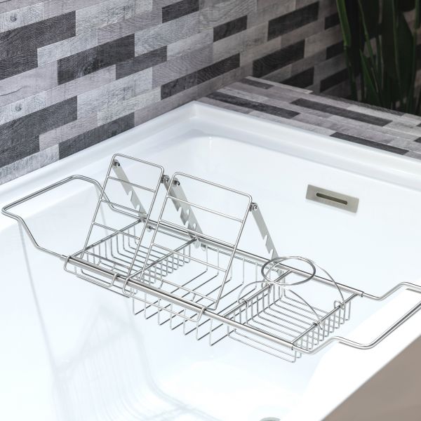  WOODBRIDGE Stainless Steel Extendable Bathtub Caddy Tray in Polished Chrome Finish with Removable Wine Holder, Book and Phone Rack, Bathcad-CH_14324