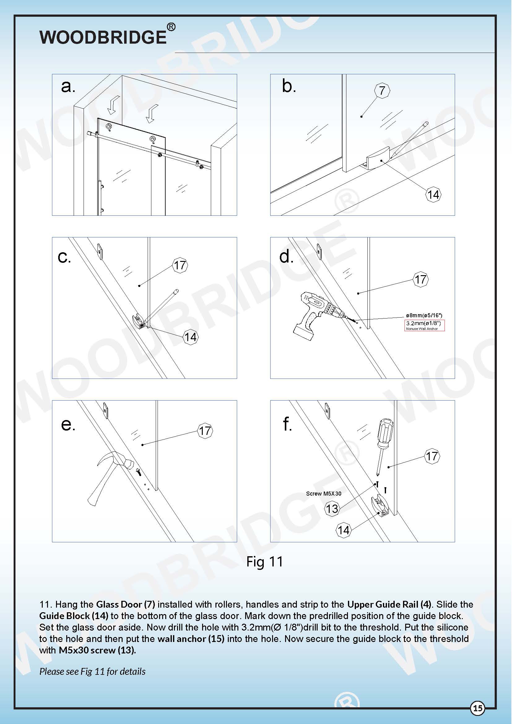 WoodBridge Frameless Sliding Shower Door, 56" 60" Width, 76" Height